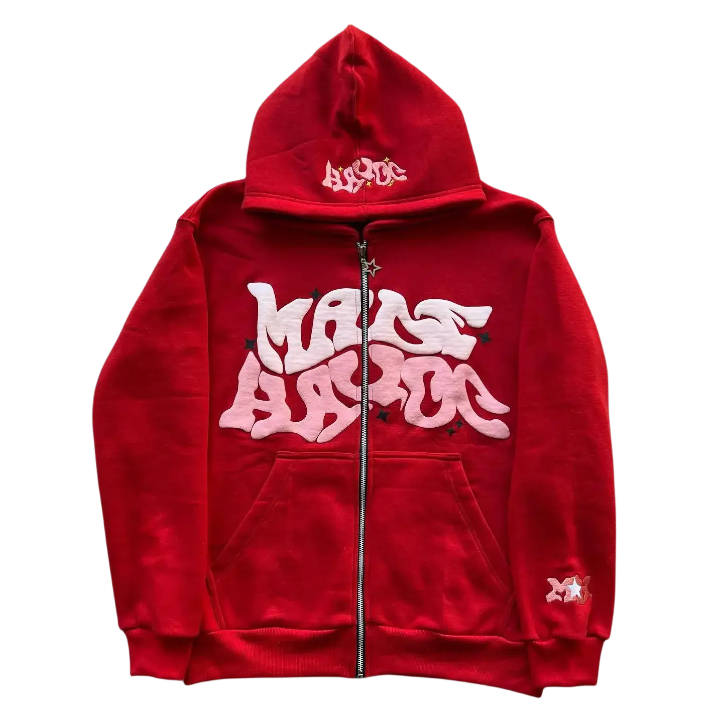 Red Y2K custom hoodie with Mass Hysteria printed in white graffiti-style lettering