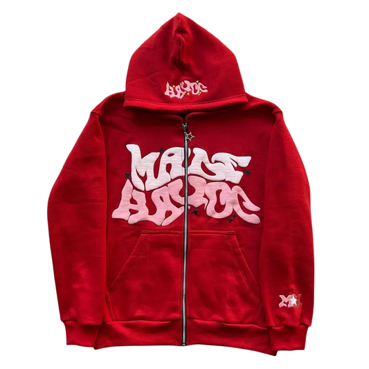 Red Y2K custom hoodie with Mass Hysteria printed in white graffiti-style lettering