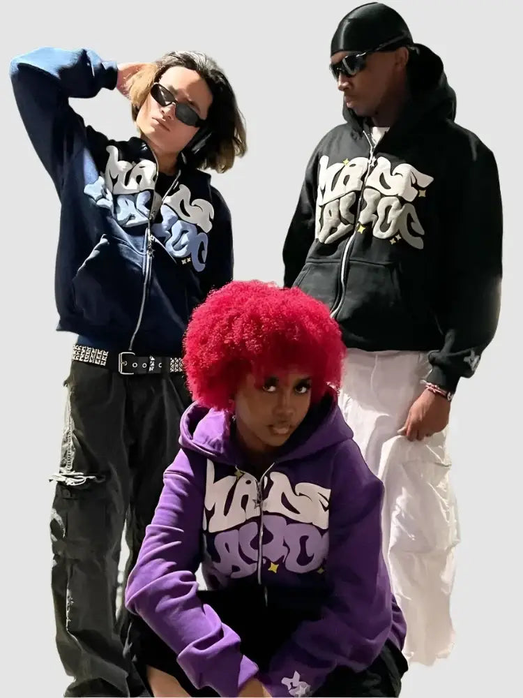 Three people in Y2K Custom Hoodies with Wild Style text posing together