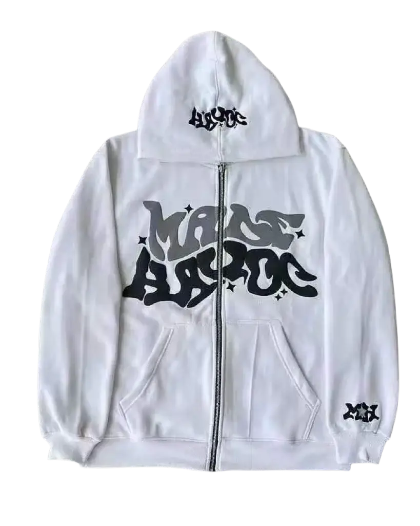 White Y2K Custom Hoodie featuring graffiti-style black lettering on front and hood