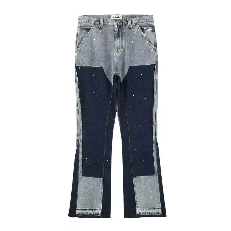 Two-tone Y2K Denim Jeans featuring contrasting panels and white speckles throughout