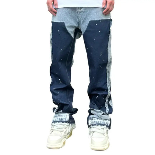 Y2K Denim Jeans featuring blue fabric with paint splatters and light side panels