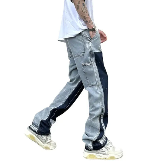 Light blue Y2K denim jeans with contrasting dark side panels for a trendy look