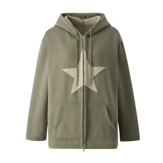 Olive green Y2K embroided hoodie with beige star design on the front