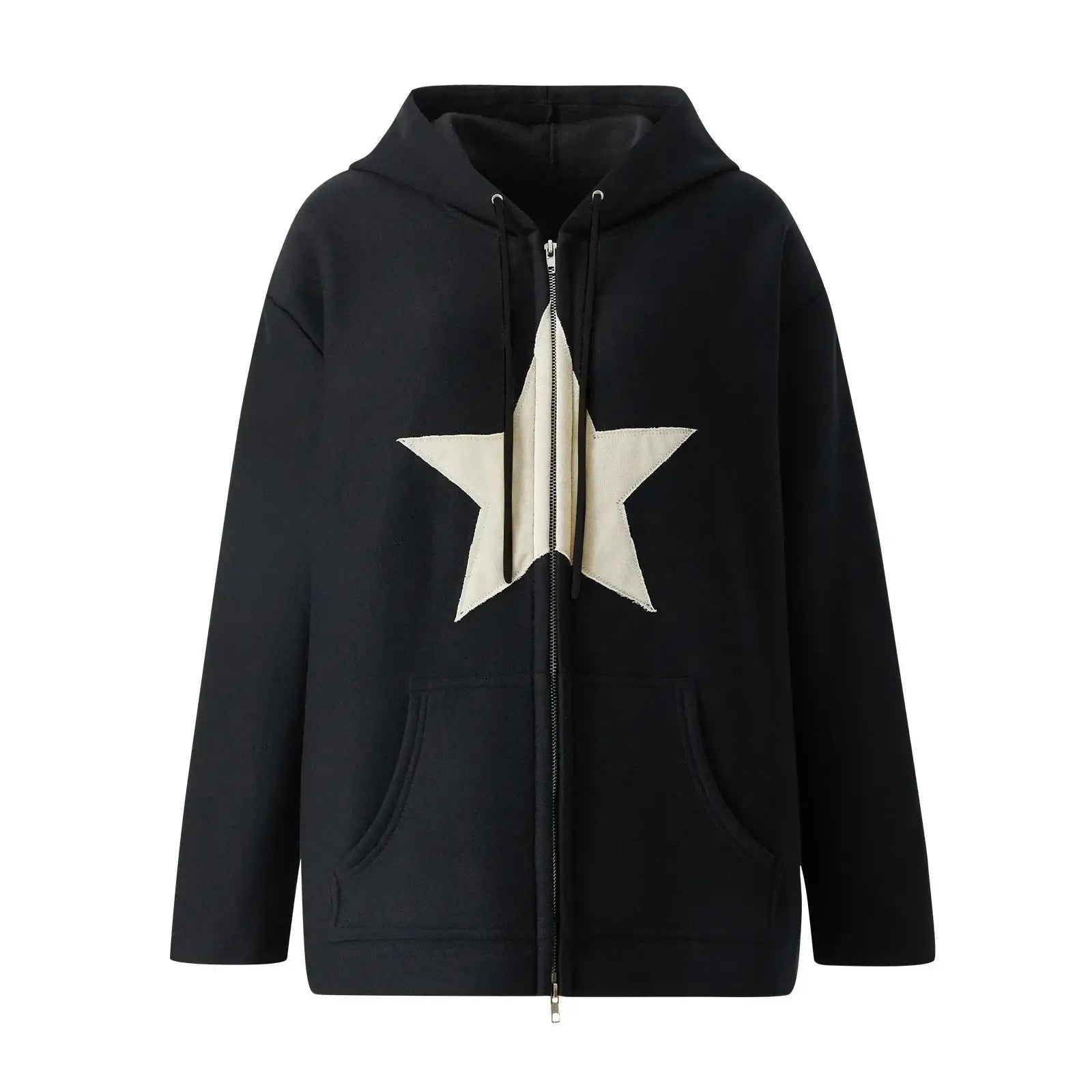 Black Y2K Embroided Hoodie featuring a stylish white star design on the front