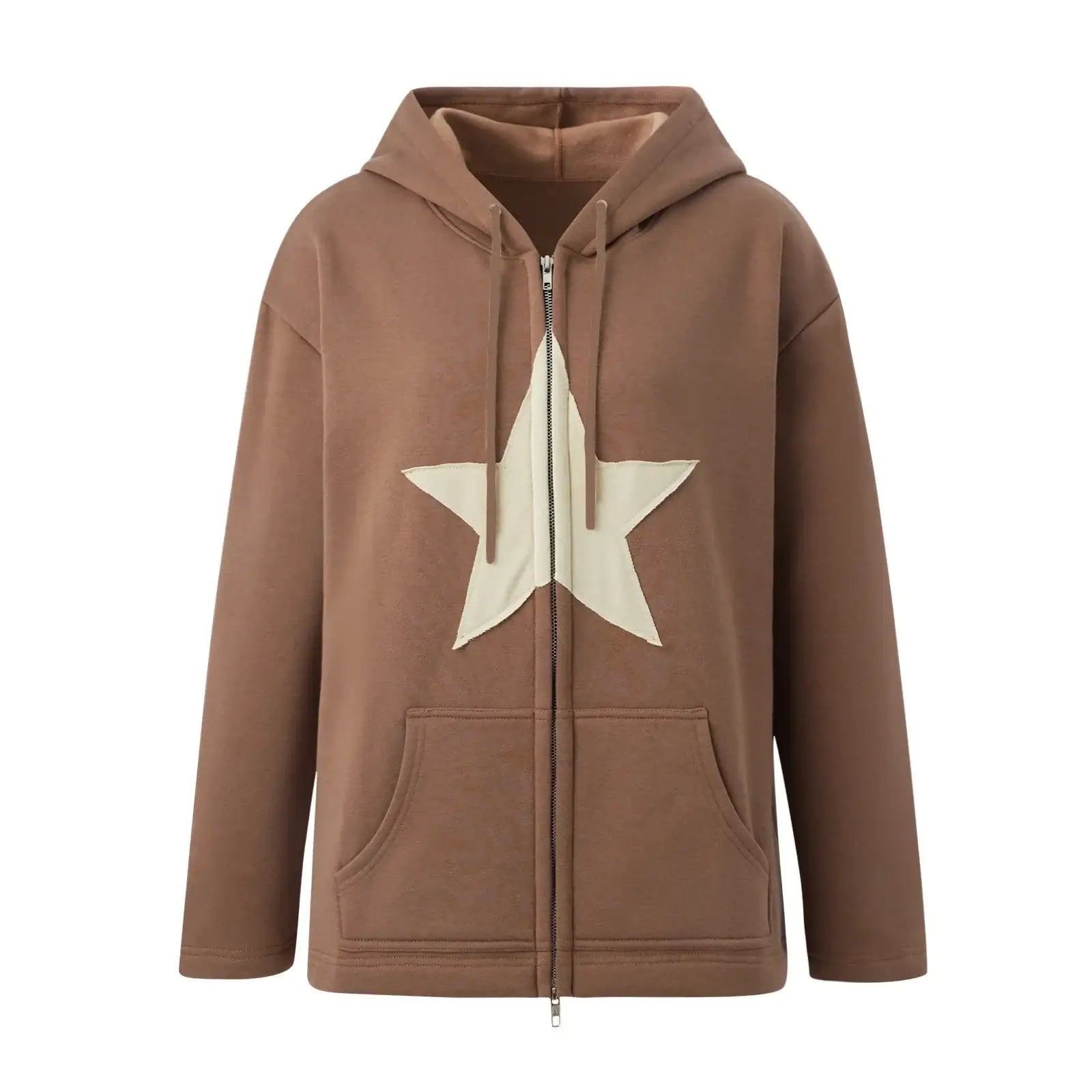 Brown Y2K Embroided Hoodie featuring a stylish white star design on the front