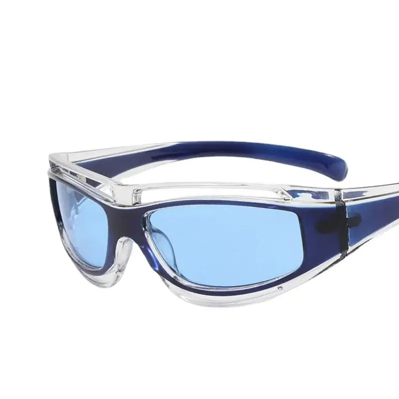 Sporty Y2K Glasses Frames with blue-tinted lenses and clear frame with blue accents