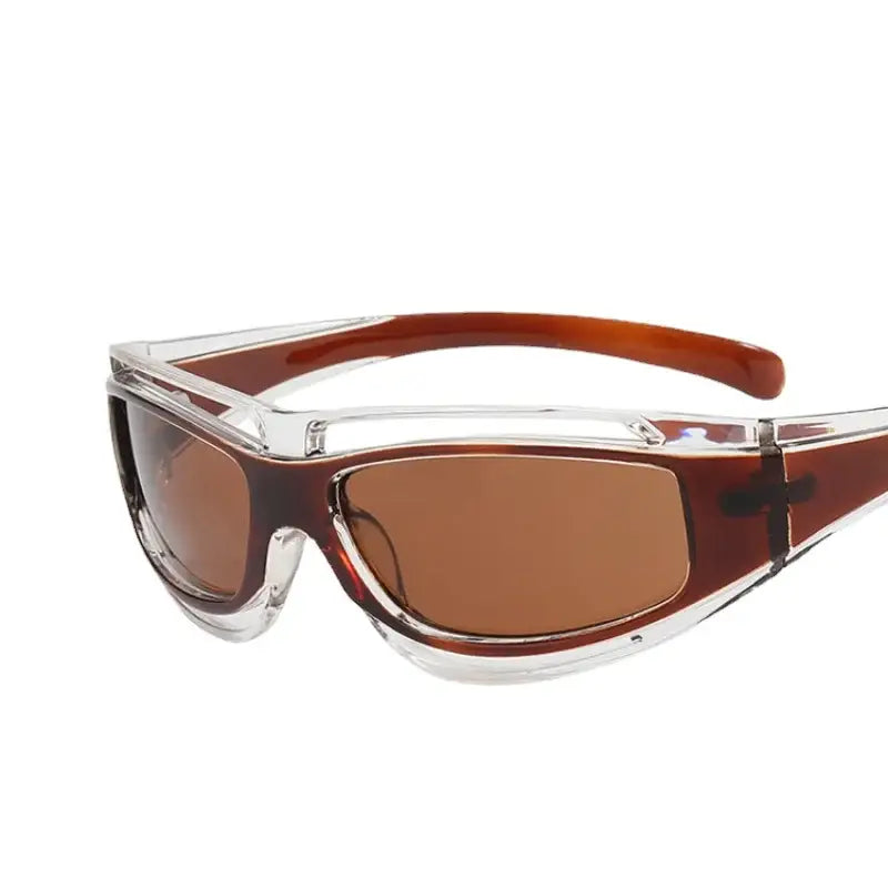 Sporty wrap-around Y2K glasses frames with brown lenses and a clear-to-amber gradient