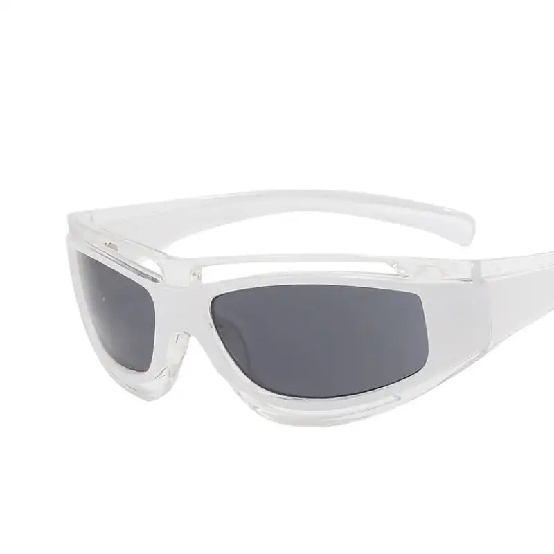 White-framed wraparound Y2K glasses frames with dark lenses for a trendy look