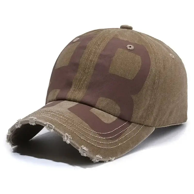 Camouflage-patterned Y2K Hat with a distressed brim for trendy Y2K fashion