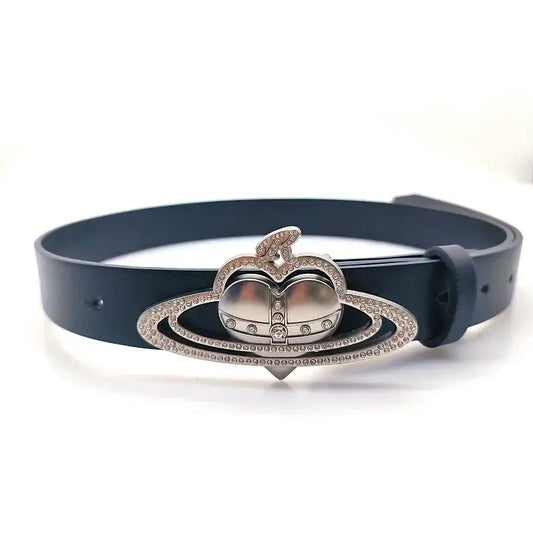 Black leather Y2K Heart Belt with ornate silver heart-shaped crown buckle design