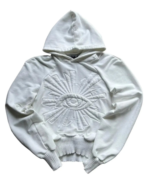 White Y2K hoodie design featuring an embroidered eye on the front