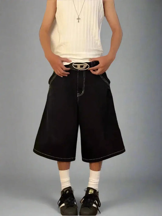 Trendy Y2K Jorts with wide-leg denim shorts, white top, and black belt for stylish looks