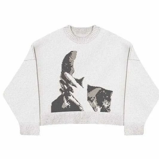 White Y2K knitted sweater featuring a grayscale abstract design on the front