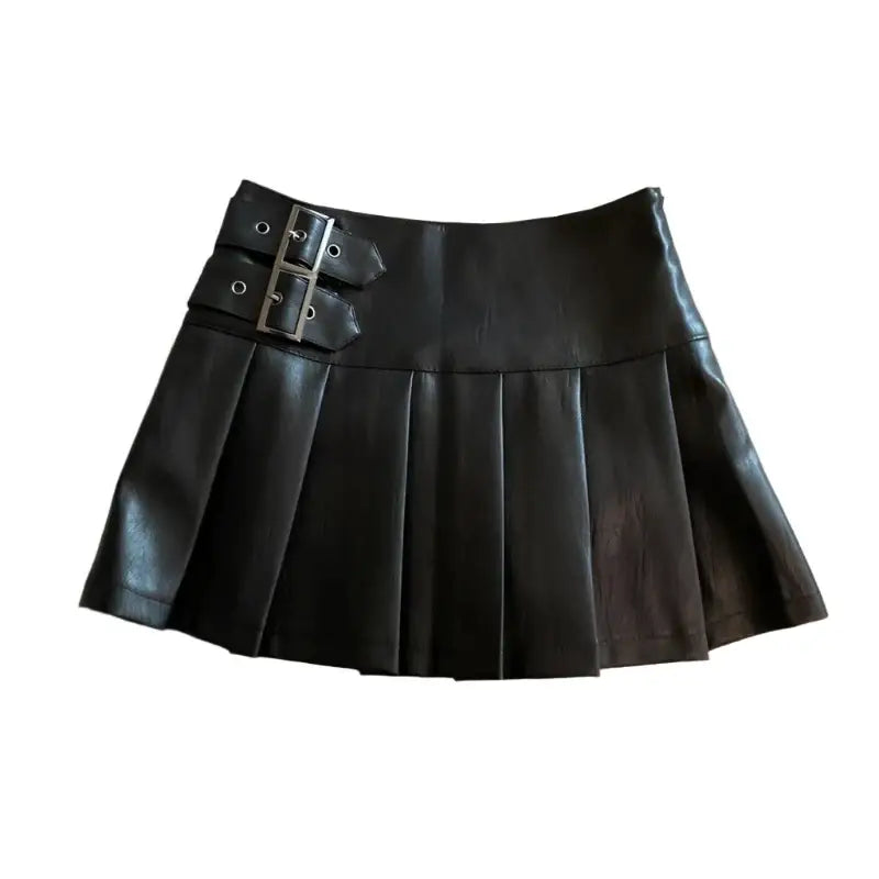 Black pleated Y2K leather skirt with buckle details on the waistband for a trendy look