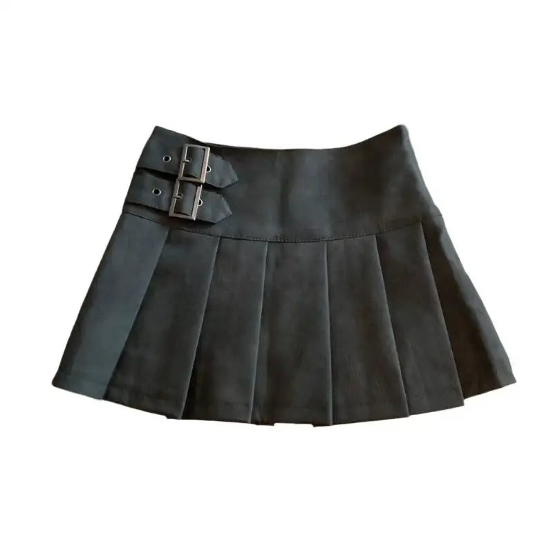 Black pleated Y2K leather skirt featuring stylish buckle details on the side