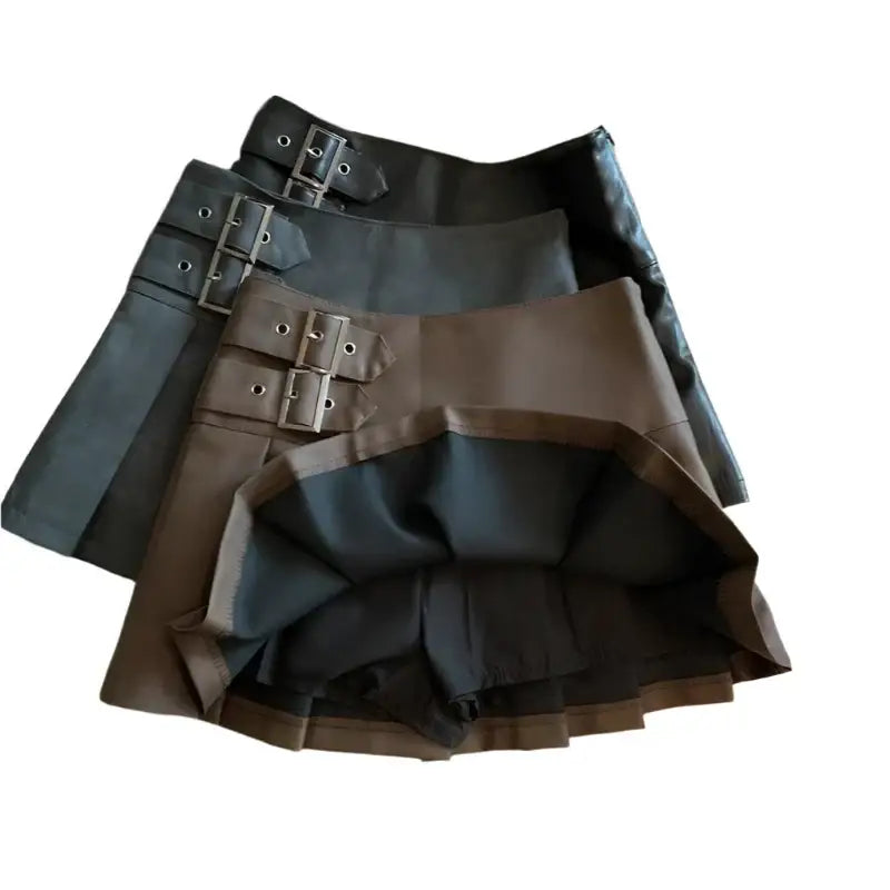 Pleated Y2K Leather Skirt in black, gray, and brown with stylish buckle details