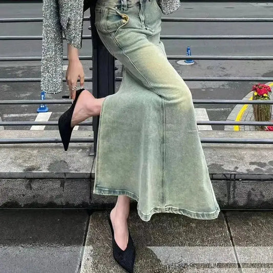 Long pale green denim Y2K maxi skirt with a flared silhouette for trendy outfits