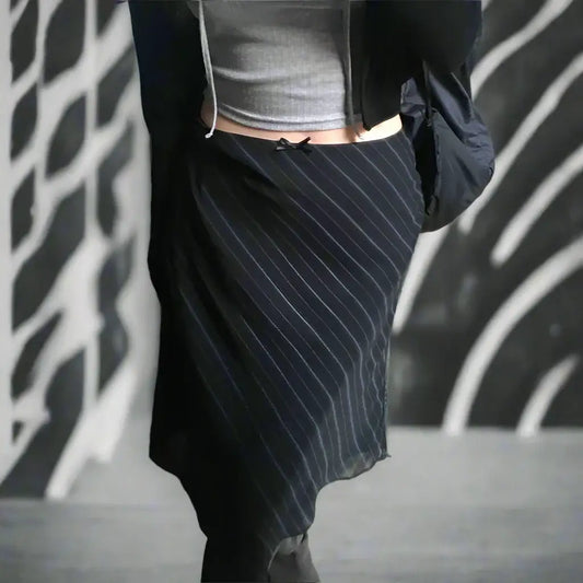 Navy blue pinstriped Y2K Midi Skirt for a stylish, retro-inspired look