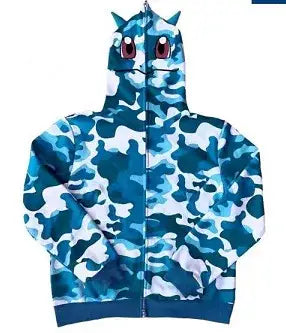 Blue camouflage Y2K Monster Hoodie featuring unique horns on the hood