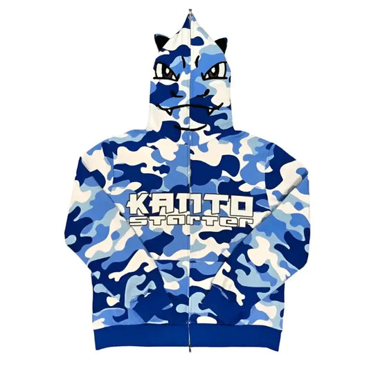 Blue camouflage Y2K Monster Hoodie with cat ears and Kanto Starter text