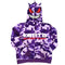 Purple camouflage Y2K Monster Hoodie with a playful monster face design on the hood