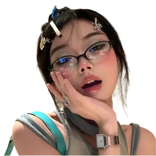 Young woman with glasses and colorful accessories showcasing Y2K Oval Glasses