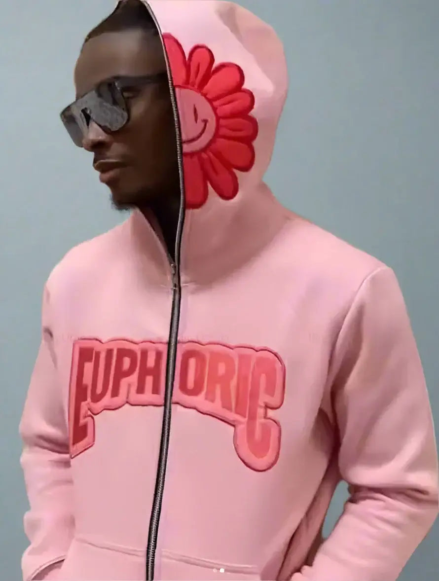 Y2K Pink Hoodie featuring EUPHORIC text and a vibrant red flower design