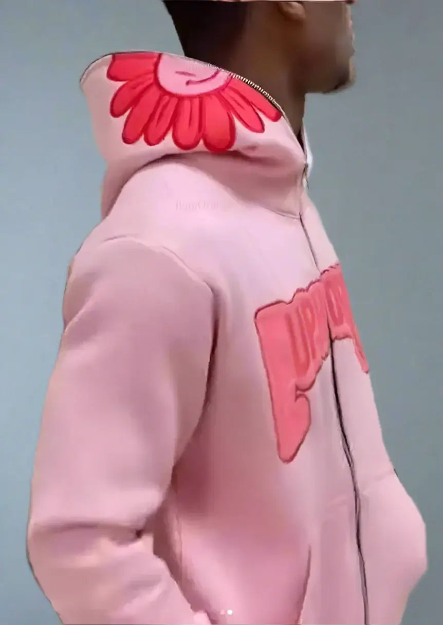 Y2K Pink Hoodie featuring a red flower-shaped collar and decorative appliqué details