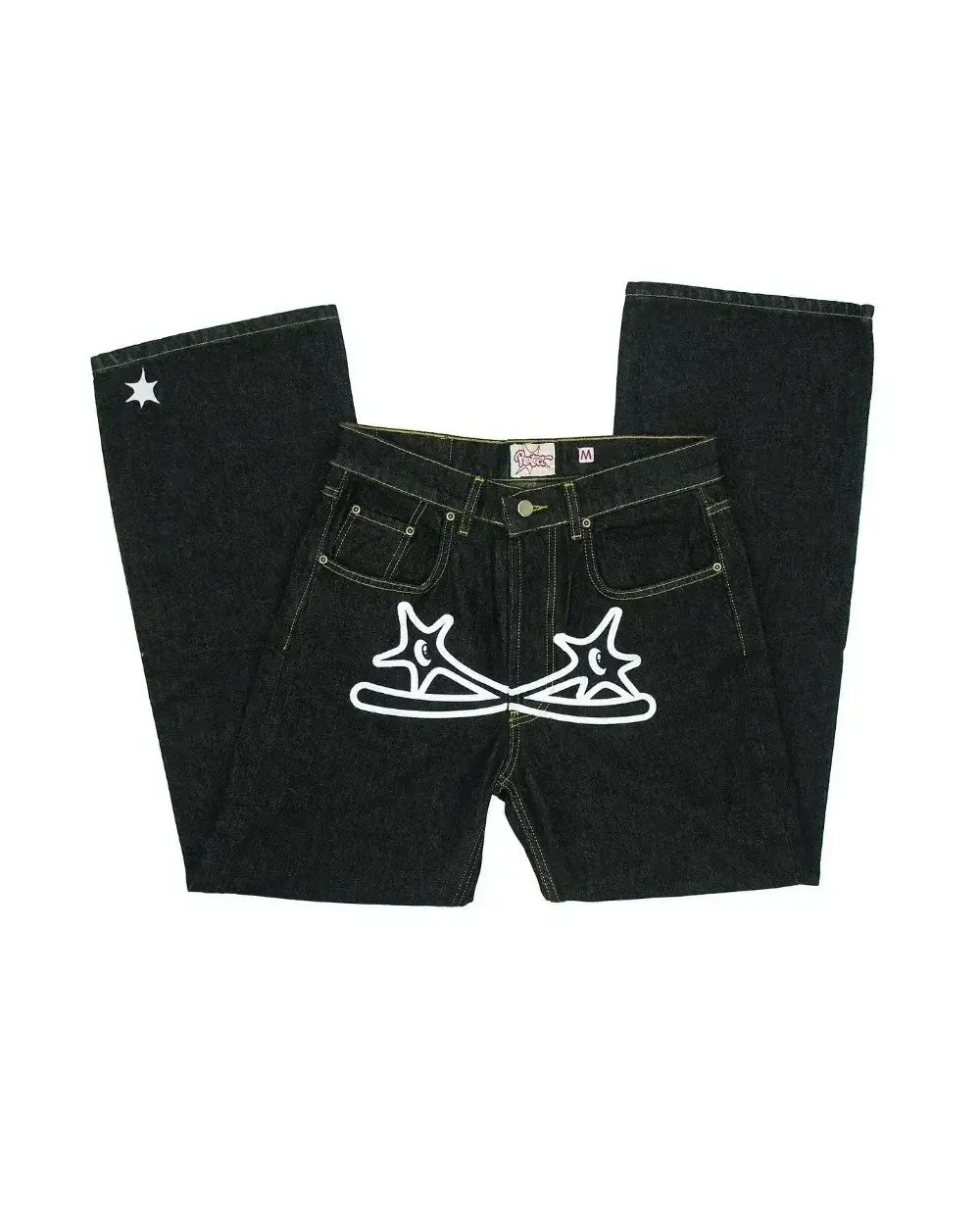 Black Y2K Print Jeans featuring white star designs on front pockets