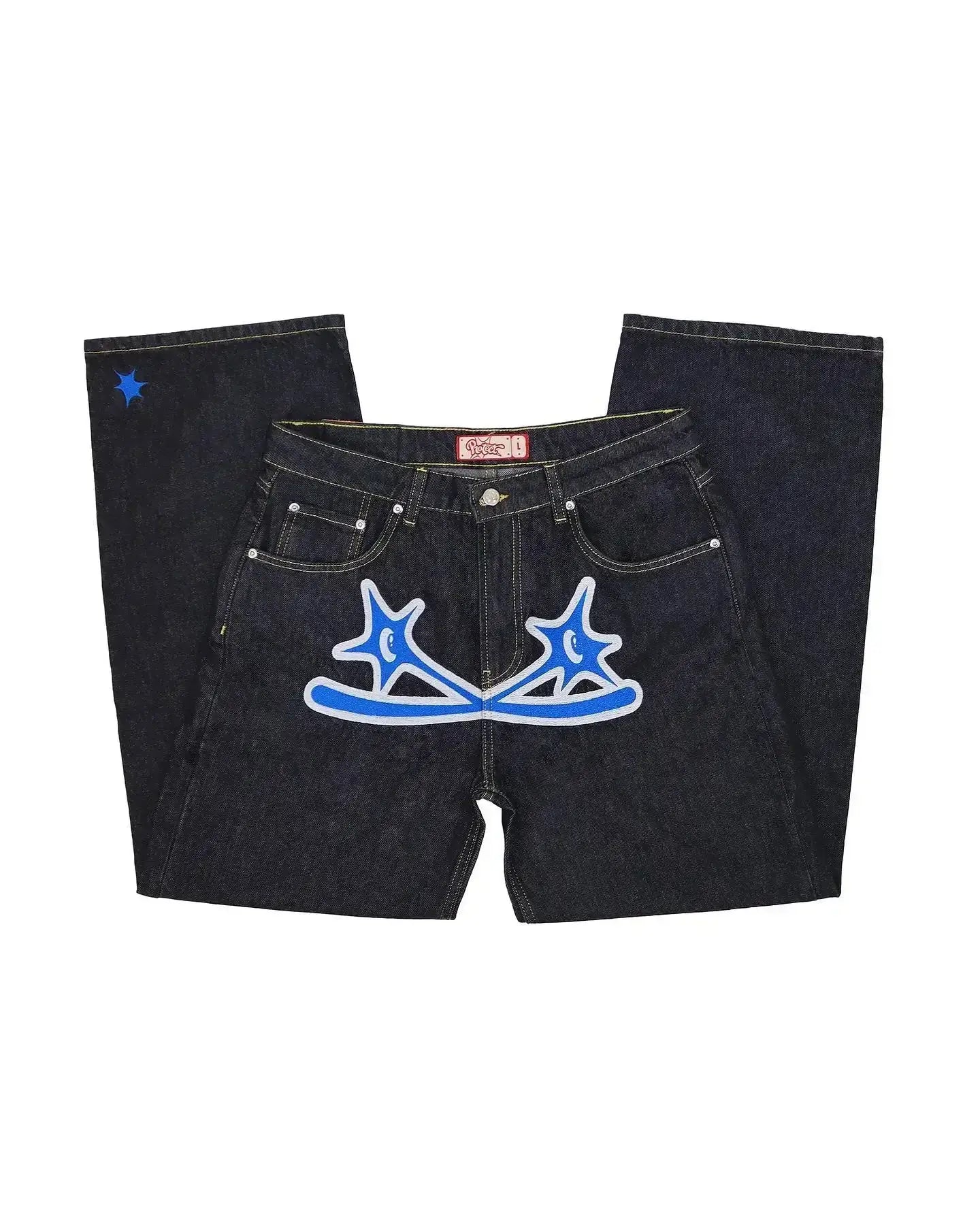 Black Y2K Print Jeans featuring blue star designs on the front pockets