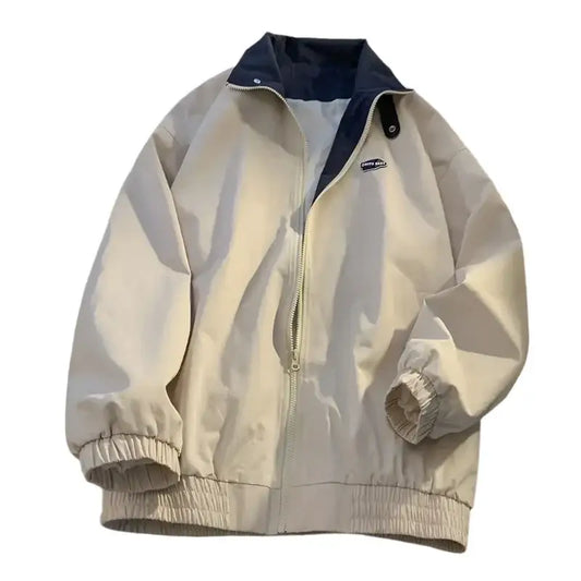 Beige Y2K puffer jacket with navy collar and elastic waistband for trendy style