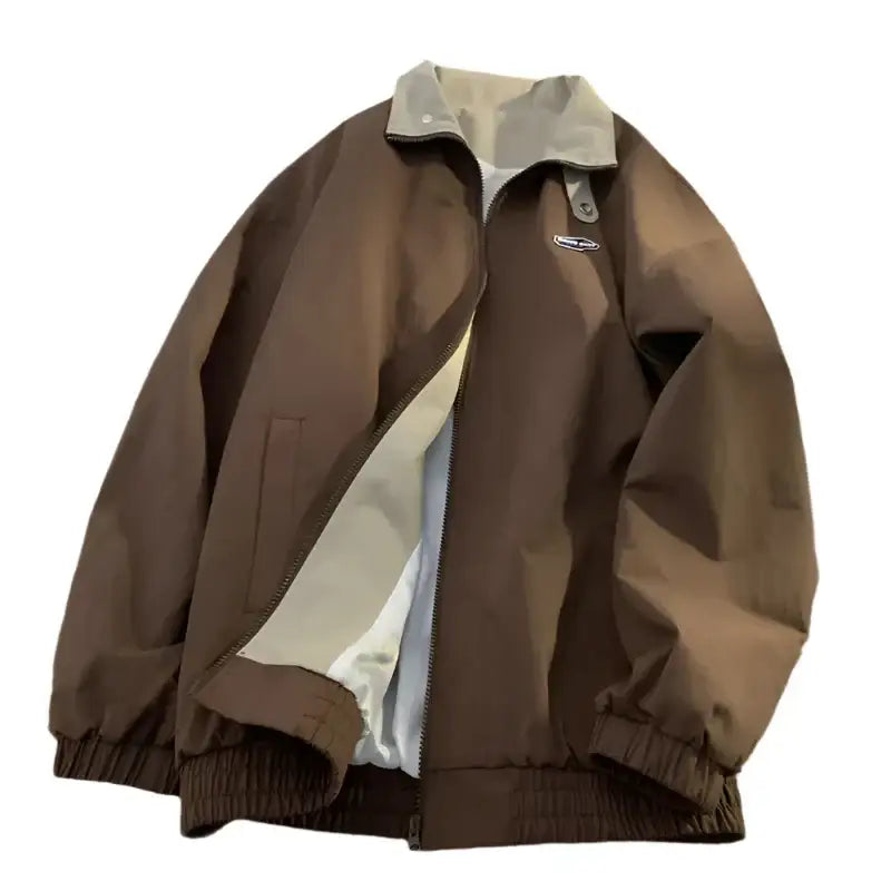 Brown Y2K Puffer Jacket featuring a light-colored collar and logo patch