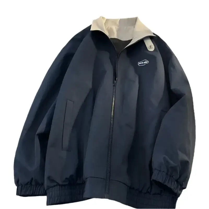 Navy blue Y2K puffer jacket with light collar and Intel logo displayed