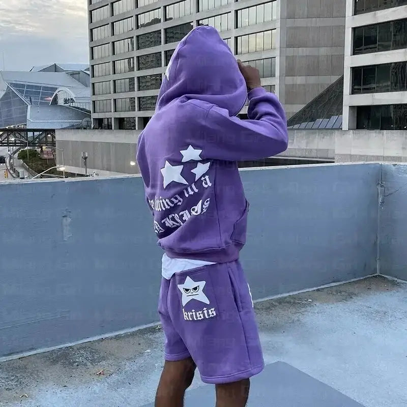 Y2K Purple Hoodie and shorts set featuring star designs and trendy text