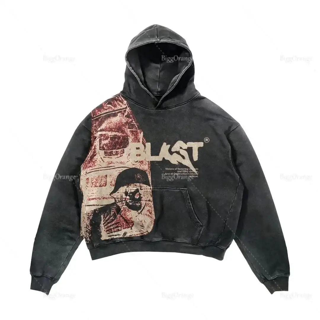 Black Y2K Retro Hoodie with skull graphic design and LUST text for a trendy look