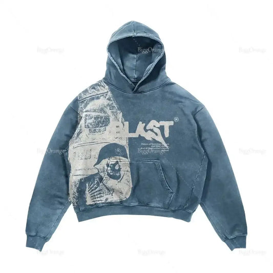 Blue Y2K Retro Hoodie with graphic print showcasing trendy text and imagery