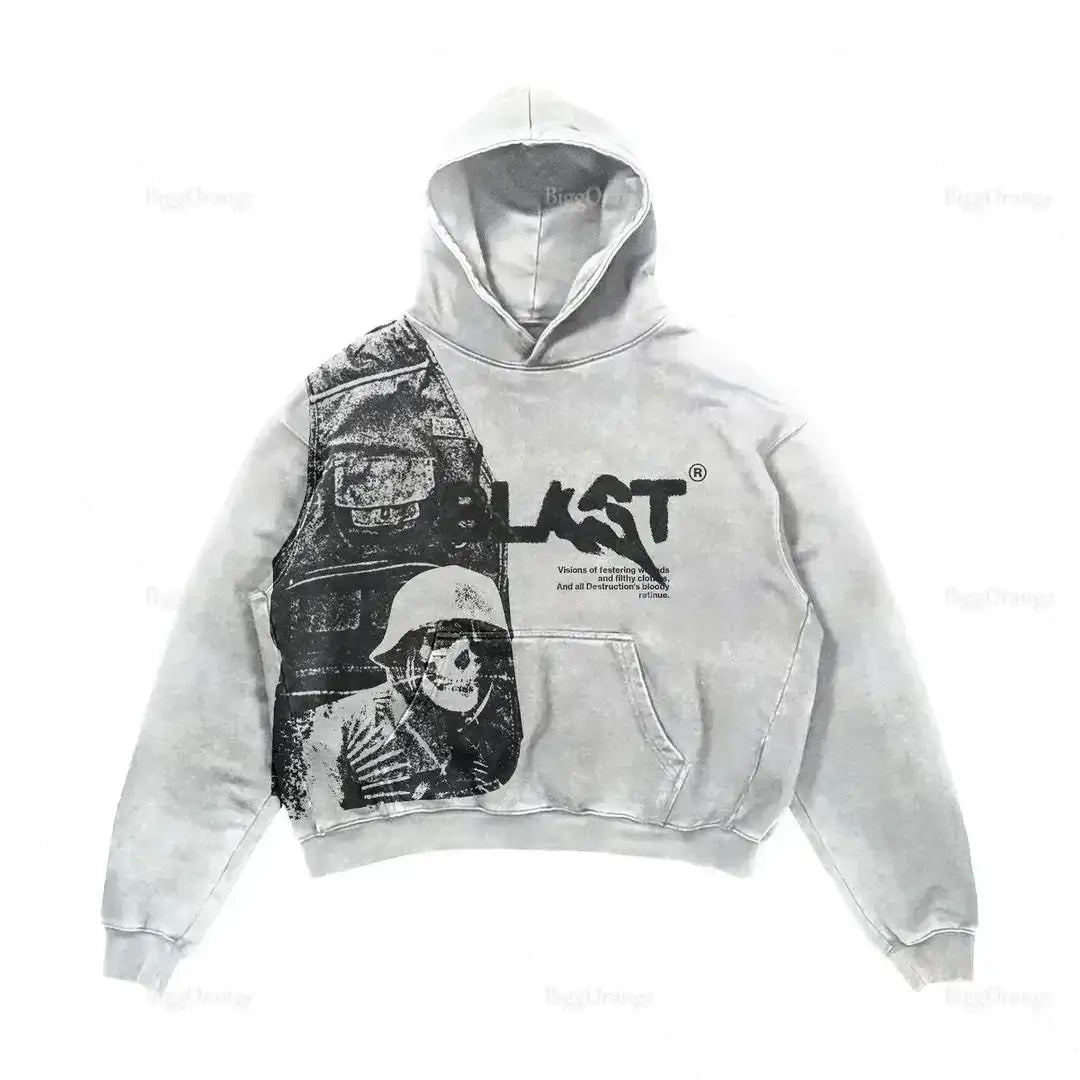 White Y2K Retro Hoodie with skull graphic and military helmet featuring LAST text