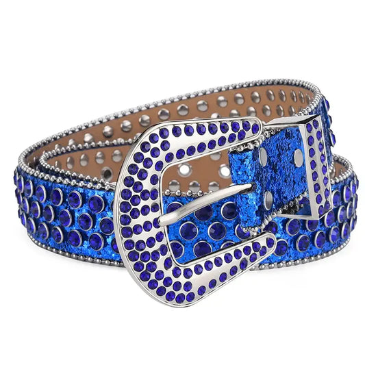 Decorative blue Y2K rhinestone belt featuring a stylish silver buckle