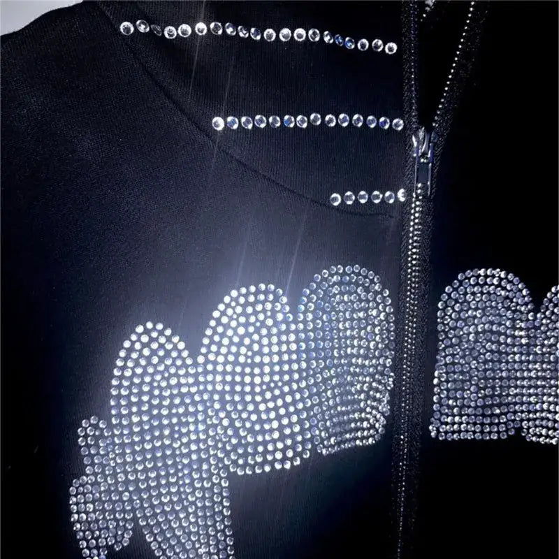 Black Y2K rhinestone hoodie with heart and linear shimmering patterns