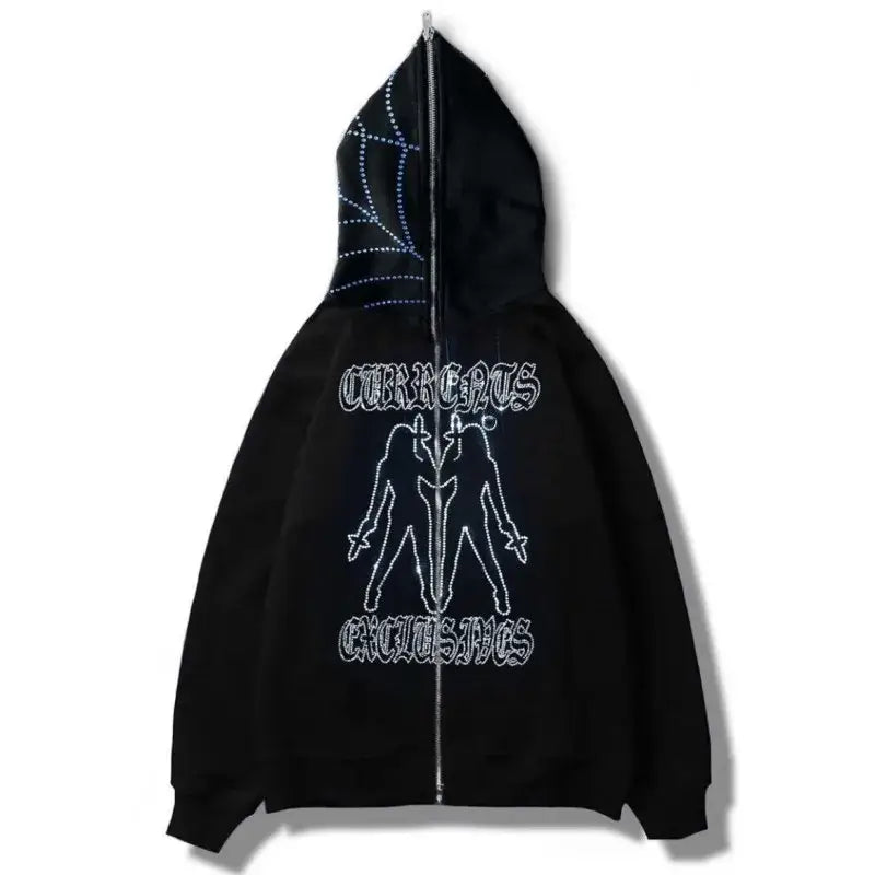 Black Y2K Rhinestone Hoodie featuring a graphic design of a stylized human figure