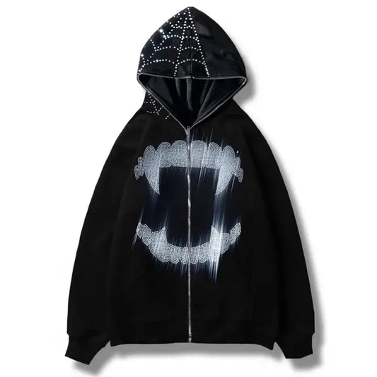 Black Y2K Rhinestone Hoodie featuring a fanged mouth design and studded hood embellishments