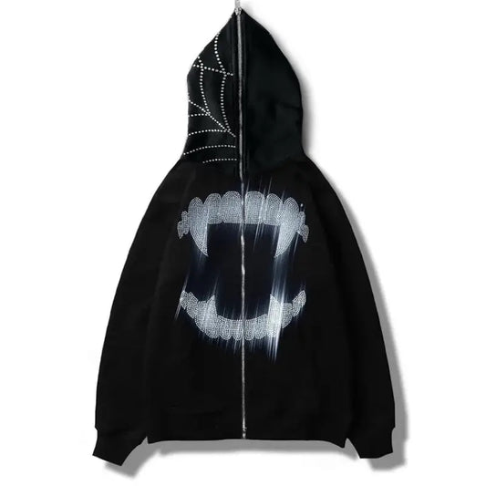 Black Y2K Rhinestone Hoodie featuring a fanged mouth design on the front