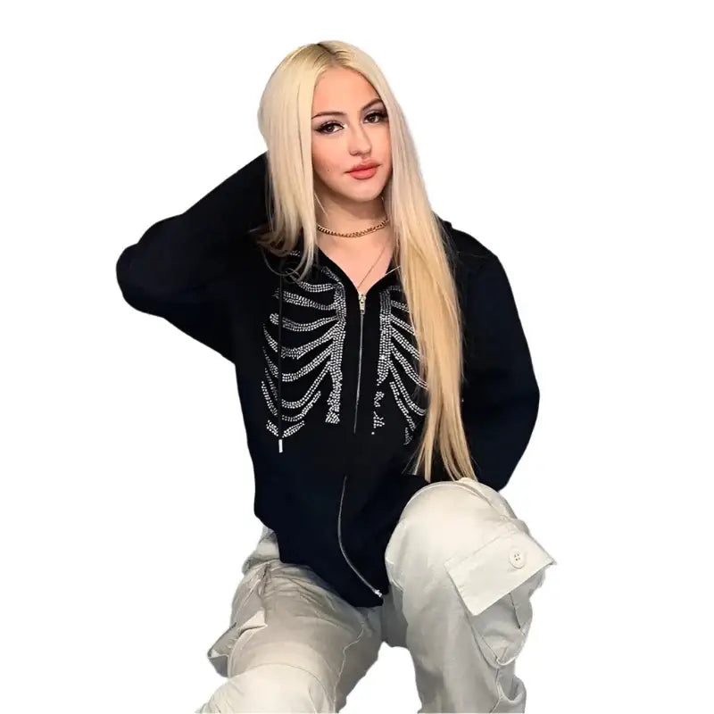 Black zip-up hoodie with silver skeleton design, perfect for Y2K Rhinestone style