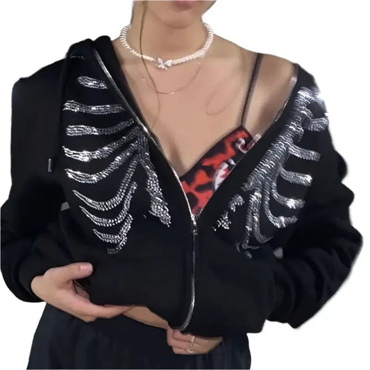 Black Y2K Rhinestone Skeleton Hoodie with ribcage design on the front