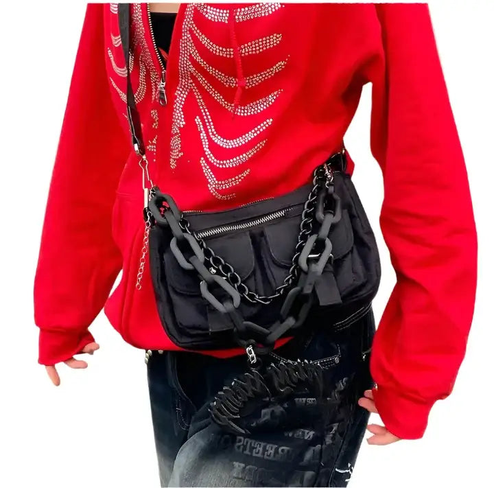 Bright red Y2K Rhinestone Skeleton Hoodie with sparkly silver design on front