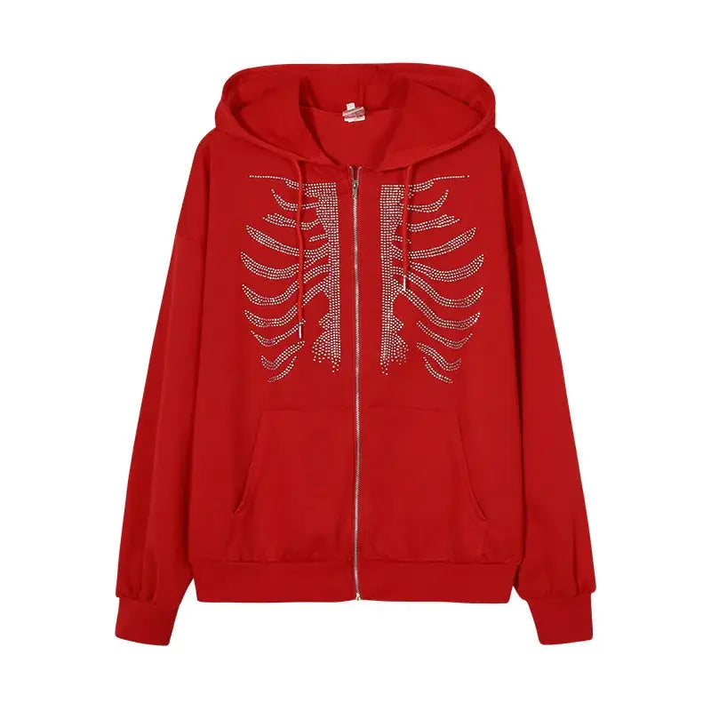 Red Y2K Rhinestone Skeleton Hoodie with rhinestone ribcage design on front