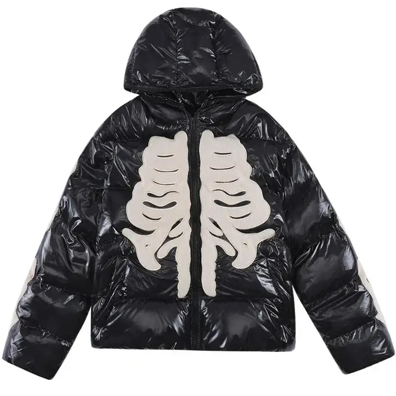 Black Y2K Skeleton Jacket featuring a striking white skeleton ribcage design