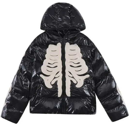 Black Y2K Skeleton Jacket featuring a striking white skeleton ribcage design