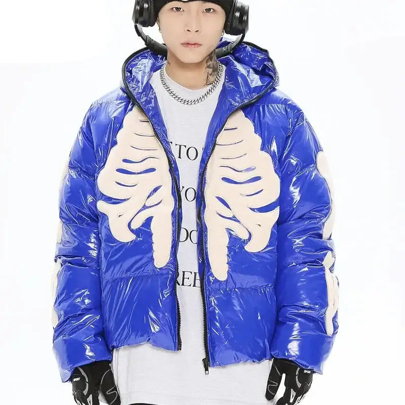 Bright blue Y2K skeleton jacket featuring a white skeletal ribcage design